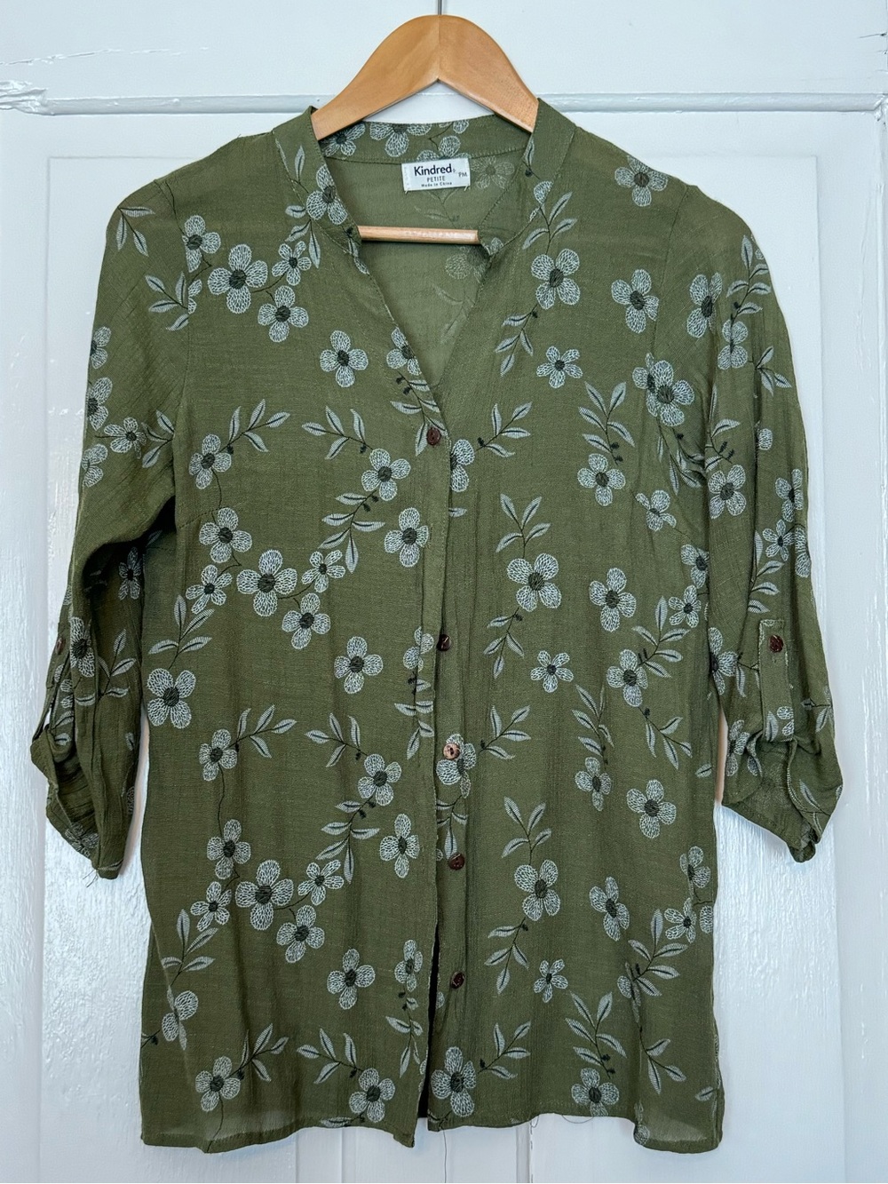 Kindred Olive Green Embroidered Floral Button-Down Shirt from Anthropologie